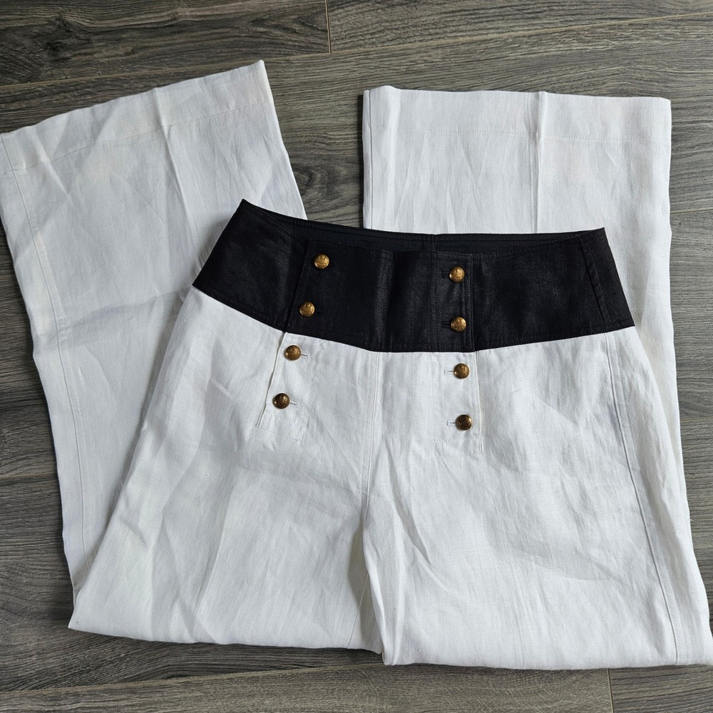 Lauren Ralph Lauren Linen Sailor Pants White Black Wide Leg Gold Button Size 8 - Picture 3 of 11